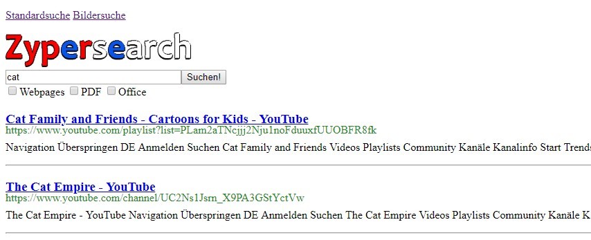 Screenshot der Suchergebnisse für den Begriff cat